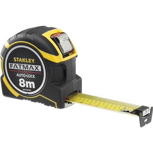 STANLEY FATMAX - XTHT0-33501 - Flexómetro AutoLock 8 metros x 32mm, Cinta ancha, Gancho magnético con posición cero real, Estuche bimaterial ergonómico, Mecanismo de bloqueo inverso.