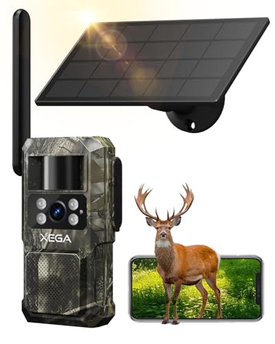 Xega 4G LTE Cámara de Caza Solar con Tarjeta SIM, Cámara Fototrampeo sin WiFi, 7800 mAh Batería, Visión Nocturna 950nm Infrarrojos Invisible, Audio de 2 vías, 0,2s Activación, IP66 Impermeable