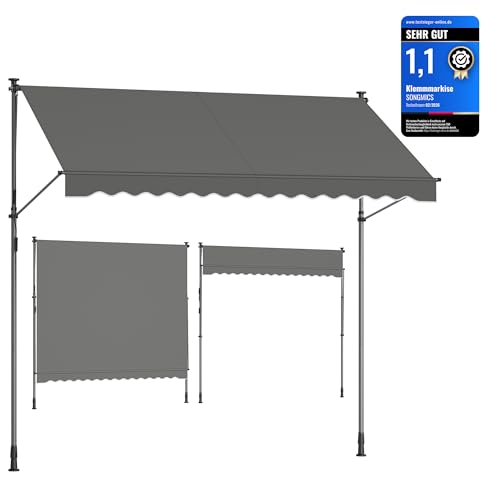 SONGMICS Klemmmarkise, Balkonmarkise, höhenverstellbar, mit Handkurbel, Sonnenschutz, für Balkon, Terrasse, Garten, 300 x 120 cm, anthrazit GSA302G02 1