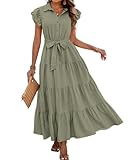 dowerme Women's Summer Casual Dresses 2025 Cap Ruffle Sleeve V Neck Button Belted Tiered Boho Maxi Dress with Pockets(Grey Green,Large)