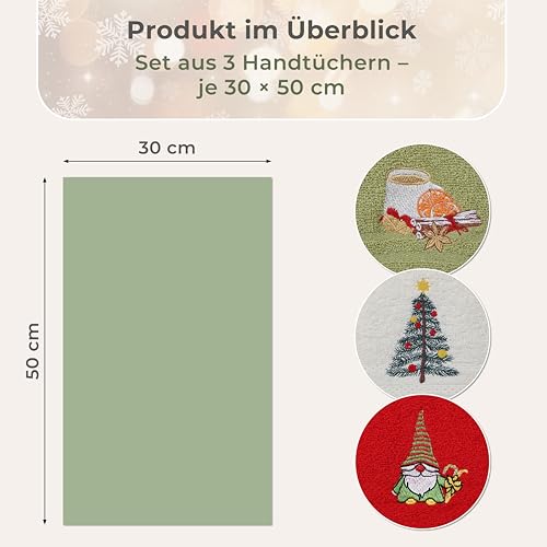 LAYNENBURG 3er-Set Gästehandtücher Weihnachten 30 × 50 cm – 100 % Baumwolle - weihnachtliches Design – kleine Frottee Xmas Handtücher klein für Gäste-WC (Männchen)
