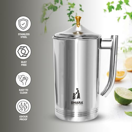 Image of Dhara Stainless Steel 2L Water Jug with Lid, Stain Resistant, Leakproof, Steel Jug for Table and Home Use