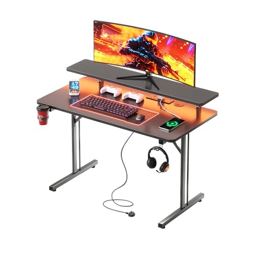 CAIYUN Small Gaming Desk with LED & Power Outlets 80 x 50 cm Computer Desk with Full Monitor Stand Carbon Fiber Gaming Table for Home Office Metal Frame Black