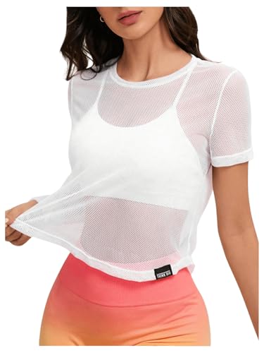 SweatyRocks Women's Mesh Workout Tops Short Sleeve Round Neck Fishnet Cover Ups Tee Shirt