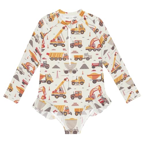 CHIFIGNO Cartoon Construction Vehicles Beige One Piece Girls Swimsuit Rashguard UPF 50+ Long Sleeve Girls' Swimwear Sport Bathing Suit, 4T