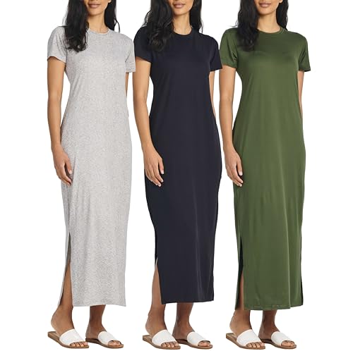 Real Essentials 3 Pack Women’s Casual Short Sleeve Maxi T-Shirt Summer Dress with Slit (Available in Plus Size)