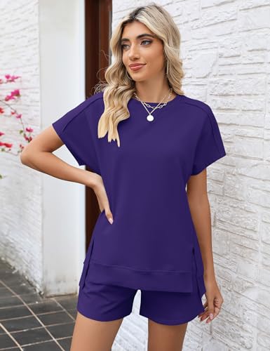 Image of LOMON Womens Fashion 2 Piece Outfits Sweatsuits 2026 Summer Short Sleeve Loungewear Tracksuit Round Neck Lounge Shorts Sets