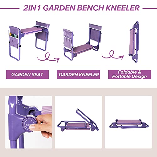 Garden Kneeler And Seat Bench Garden Workseat Folding Gardening Bench Eva Foam Kneeling Pad And Detachable Tool Pouch 2 In 1 Portable Gardening Stools For Outdoor Fishing (Dual Pouch Wide Purple) #TOP4