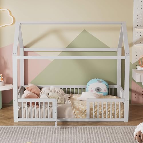 MQGPM Huisbed voor kinderen, 90 x 200 cm, met valbescherming en dak, kinderbed, Montessori-stijl,...