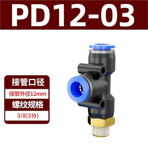 Conector neumático PD12-03 de cobre tipo T con rosca externa de 12mm 3