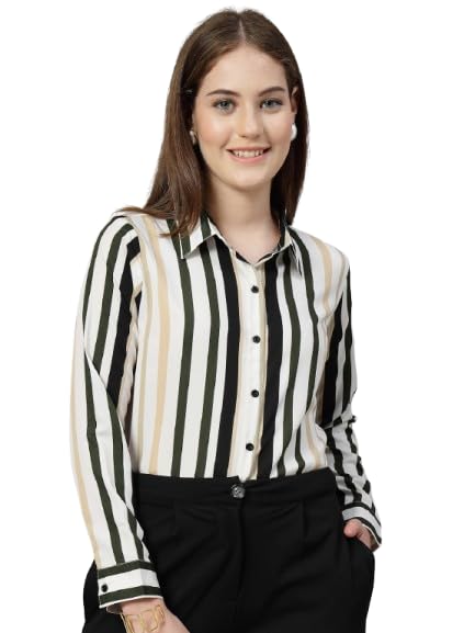 Image of Style Quotient Women Beige White Stripe Printed Formal Shirt
