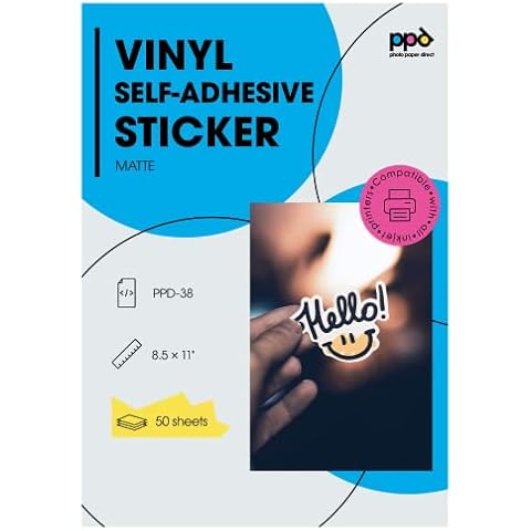 PPD 50 Sheets Inkjet Creative Media Matte Self Adhesive Vinyl Sticker Paper 8.5x11 PREMIUM Commercial Grade 4.7mil Thick Full Sheet Photo Quality Instant Dry Scratch and Tear Resistant (PPD-38-50) Cover