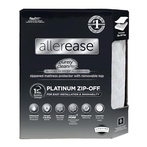 AllerEase Platinum Zip-Off Top Waterproof Mattress Protector Queen Size 360 Degree Zipper Allergen Barrier Temperature Balancing Luxurious Plush Top Separately Machine Washable Mattress Cover (White)