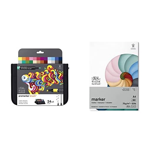 Winsor & Newton Promarker Brush - Set de 24 Rotuladores de Doble Punta, Punta Pincel, Tinta Base Alcohol en Estuche, Colección Diseño escolar & Bloc Papel rotuladores, Blanco, DIN A4