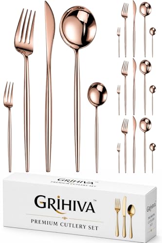 Image of 20 Pcs Rosegold Cutlery Set for Dining Table the Perfect Lightweight Silim Handle Tableware Including Dinner Spoon, Dinner Fork, Dinner Knife, Dessert Spoon & Dessert Fork