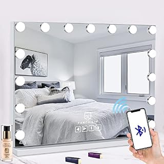 FENCHILIN Hollywood Mirror with Bluetooth 15 LED Dimmable Bulbs Hollywood Vanity Mirror with Lights Lighted Makeup Mirror with USB Charging Port and 10X Magnifier Mirror Touch Screen