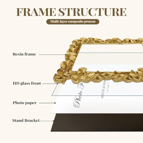 Gold Picture Frames 4x6 Vintage Gold Frame, Ornate Leaf Textured Hand-Crafted Resin with Glass Front Antique Photo Frame for Tabletop Display, Retro Design Home Decor