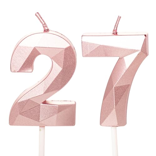 Bougies d'anniversaire pour 27 ans, Bougie numéro 27 en or rose pour anniversaire, Décoration de gâteau pour femme pour anniversaire de 27 ans, mariage, anniversaire de mariage, fournitures de fête en