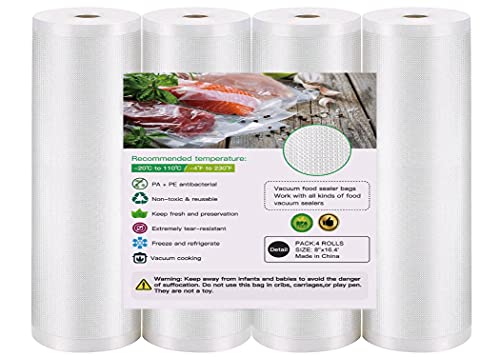 Vacuum Sealer Bags, 4 Pack 8" x 16.4' Sous Vide Cooking Bags for Food Saver, BPA Free, Commercial Grade, Heavy Duty, Puncture Prevention, Great for Vacuum Storage, Meal Preparation or Sous Vide