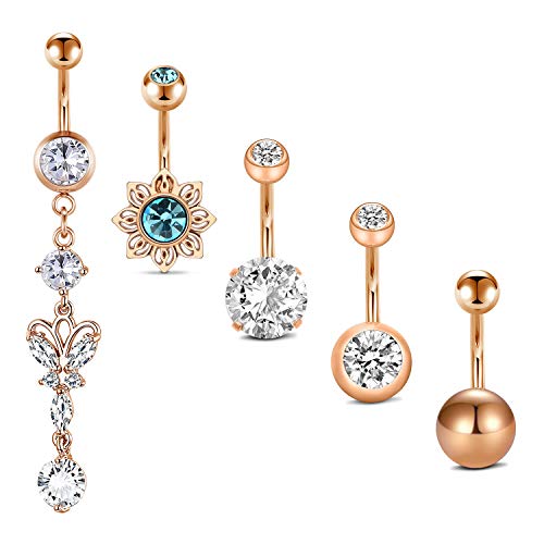 Mayhoop Piercing Nombril Pendentif Boule en Acier Chirurgical Diamant Zircon 5pièces 14G 10mm Piercing pour Nombril Bijoux Femmes Or Rose Cover