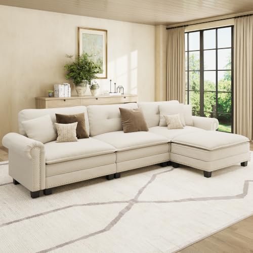 Image of HERA'S HOUSE 116 inch Oversized L Shaped Modular Sectional Couch Living Room | Mid-Century Modern 4-Seater Cloud Sofa, Beige, Rolled Arms & Nailhead Trim, Wider & Deeper Seats, Ottoman, Linen