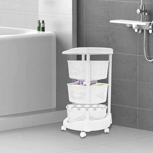 3-Tier Rotating Storage Rack with Wheels Adjustable Height, 5 Universal Wheels, Freestanding Organizer for Kitchen, Bathroom, Office, and Living Room-OVnJlS31