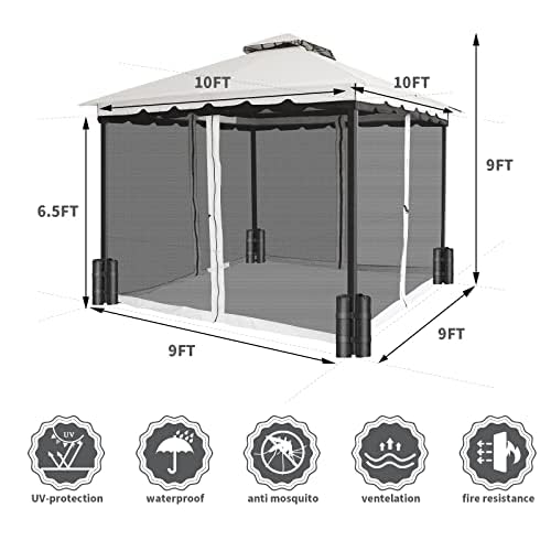 10X10 Gazebo With Mosquito Netting & Sandbag, Aluminum Pole Outdoor Gazebo With Polyester Top, Fireproof Enclosure & Waterproof Screen Patio Tent, Garden Pavilion For Backyard, Lawn (Cream) #TOP5