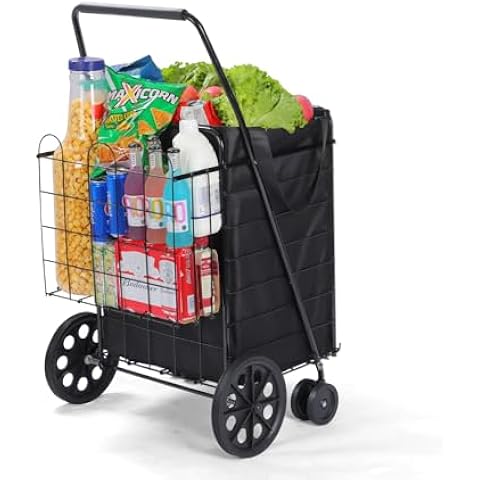 UPGRADED Shopping Cart w/ 360° Swivel Wheels & Waterproof Basket Liner for Grocerie...