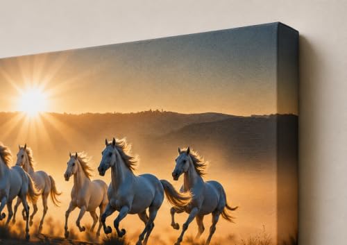 Image of 7 Horse Vastu Sunrise Canvas Painting | Positive Energy Wall Decor | Big Size Premium Running Horses Artwork for Home, Office & Hall Decoration (Modern, Golden Horse, 26x18 Inch)