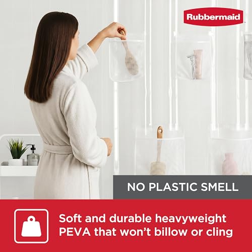 Rubbermaid Clear Waterproof Shower Curtain Liner with 5 Storage Pockets, Heavyweight PEVA Shower Liner for Bathroom, with White Rustproof Grommets and Mesh Pockets, 70x72, Standard Size, Clear by Rubbermaid - Used condition - US$16.07