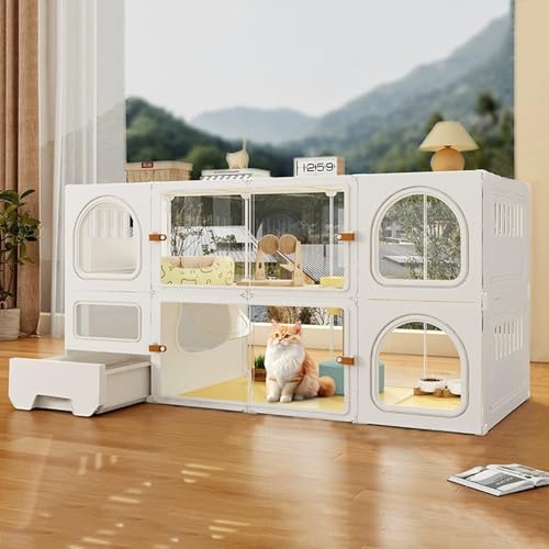 LXRHLIKG 2段式猫用ゲージ 屋内用 猫けーじ人気安い ゲージ 猫 内部にトイレ付き DIY ベビーサークル 取り外し可能なケージ猫 スライド式透明ドア付き フェレット チンチラ ウサギ用猫のゲージ 猫ケージ(White)