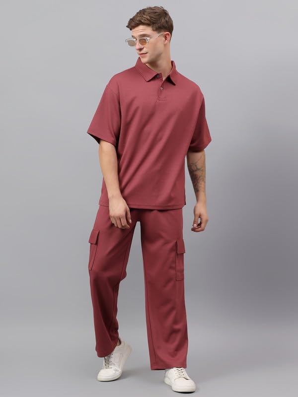 Image of YHA Solid Oversize Polo Neck Stylish Summer Tracksuit Half Sleeves Cord Set With Full Pant For Gents Lightweight Breathable Polycotton Fabric Co-ord Set For Men