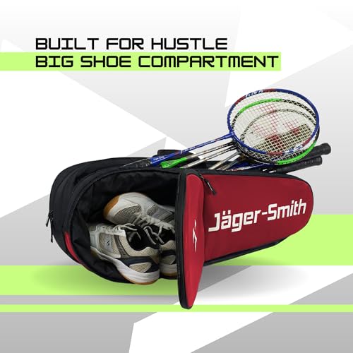 Image of Jager-Smith Polyester ORCA Red & Black Double Zipper Badminton Sports Bag with Shoe Compartment | Front Zip Pocket| Made in India