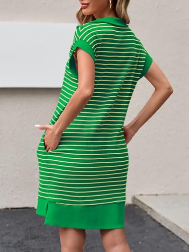 Image of Wenrine Womens Striped Mini Dress Casual Zipper Cap Sleeve Collared V Neck Loose Knit Summer Dresses