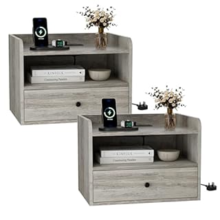 BonVache Bedside Table Set of 2 with Drawer and Charging Station, Bedroom Floating Nightstand with Open Shelf for Modern Home Design,Gray