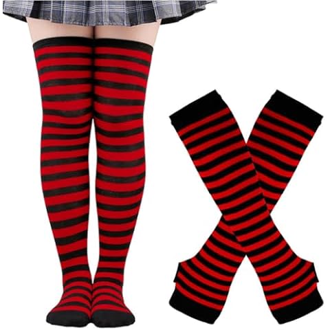 Urieo Striped Knee High Socks Knitted Arm Leg Warmers Set Knit Costume Long Fingerless Gloves with Thumb Hole for Women Cover