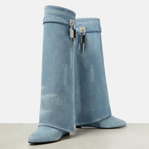 Image of Arqa Knee High Boots Womens Wedge High Heels Shark Boots Fold Over Pull-on Pointed Toe Tall Fashion Boots for Women
