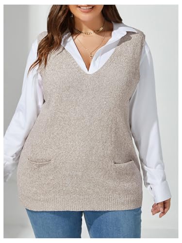 Image of OYOANGLE Women's Plus Size Sweater Vest V Neck Sleeveless Knit Sweaters Pullover Tank Tops with Pocket Beige XX-Large Plus