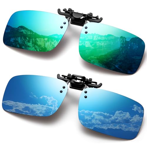 FRAZALA Polarized Clip-on Sunglasses Anti-Glare Driving Glasses for Prescription Glasses (Green + Blue)