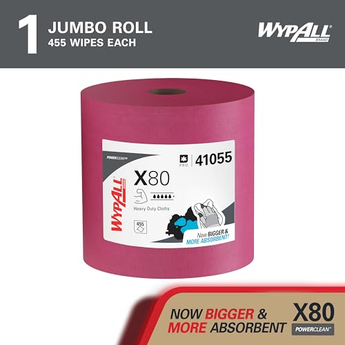 Image of WypAll PowerClean X80 Cloths Heavy Duty Wipes (41055), Jumbo, Extended Use Towels, Red (1 Roll of 455 Sheets, 455 Sheet Total)