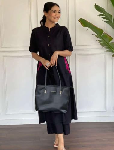 Image of Women's Cotton Embroiderd Long A-Line Kurti with Palazzo