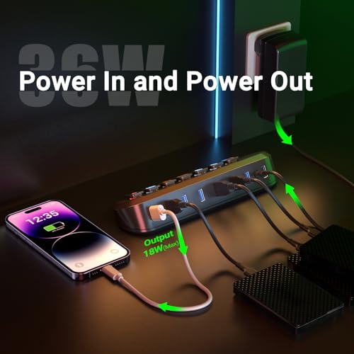 atolla Powered USB Hub 7-Port USB 3.0 Hub with 1.5m Extended Cable 36W Power Adapter Individual On/Off 13 Removable Keycaps Smart Charge Port, Powered USB Data Hubs for Desktop PC Laptop - Image 6