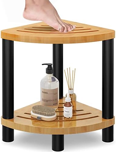 VOTZAAQ Corner Shower Stool for Shaving Legs, Shower Benches for Inside Shower, Bathroom Seat and Foot Rest, Small Step Stools, Bath Benches, Metal and Bamboo
