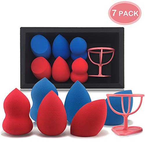 Makeup Sponge Set 6+1 Pack Cosmetic Foundation Blending Sponge Makeup Blender With Holder Latex Free Makeup Sponges Flawless for Liquid Creams Powders Concealer Multi-shape Blue and Red