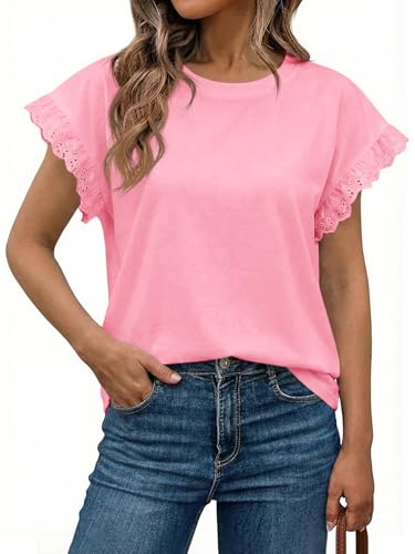 Image of Tankaneo Womens Summer Crewneck T-Shirts Lace Cap Sleeve Tops Dressy Casual Loose Fit Work Basic Tees Outfits 2026