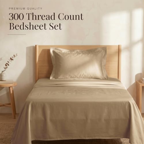 Image of HUESLAND 300 TC Soft Pure Cotton Sateen Weave Bedsheet for Single Bed with Pillow Covers - Luxury Collection | Sand Dune | 88 x 55 inches