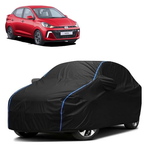 Image of Kerwa Car Body Cover Waterproof Compatible with Hyundai Aura | Scratch Proof, Anti-Dust, UV Protection with Windproof Buckle Strap and Mirror Pockets, Bottom Elastic Fitted-Black