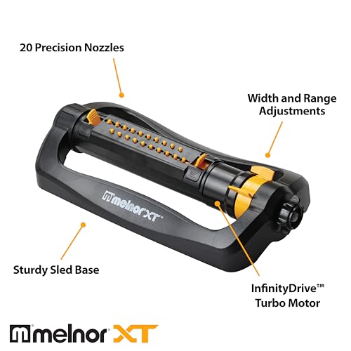 Image of Melnor 65202AMZ CrossStream Turbo Oscillating Sprinkler, 4,000 Sq. Ft. Coverage, TwinTouch Width & Range Control, InfinityDrive Turbo Motor, Black, Orange