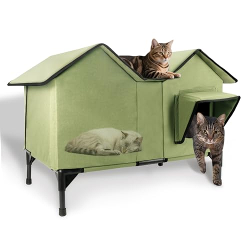 Outdoor Waterproof Cat House, Extra Large Cat Shelter, Pet House with Elevated Base and Cushion, Feral Cat Kennel for Multiple Cats and Small Dogs, Green