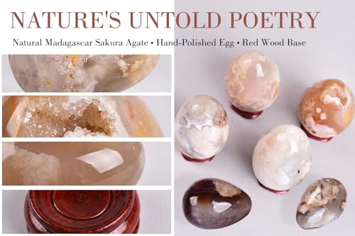 Image of AMOYSTONE Sakura Agate Egg 1.9-2.3 inch Mini Pocket Stone with Wood Stand for Spiritual Growth - Natural Flower Inclusion Specimen, Pocket Gift for Collectors 3.9oz